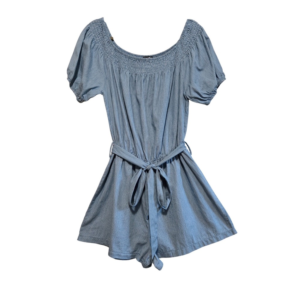 Fashion Nova Coquette NWT‎  Blue White Pinstripe Smocked Romper with Tie Waist M